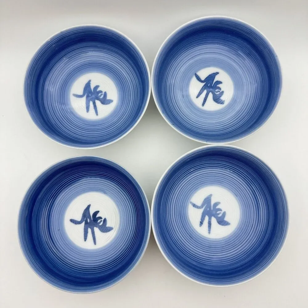 Japanese Blue White Porcelain Rice Bowls Spiral Ribbed 5.5